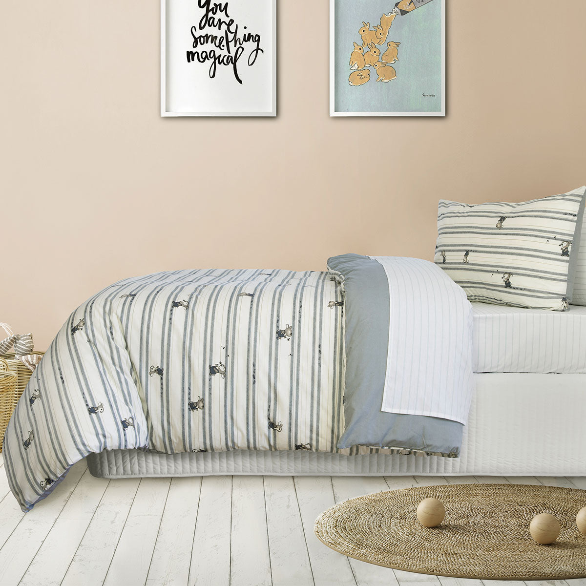 Colorful Logan Denim Striped Quilt Cover Set for a playful kids bedroom decor.