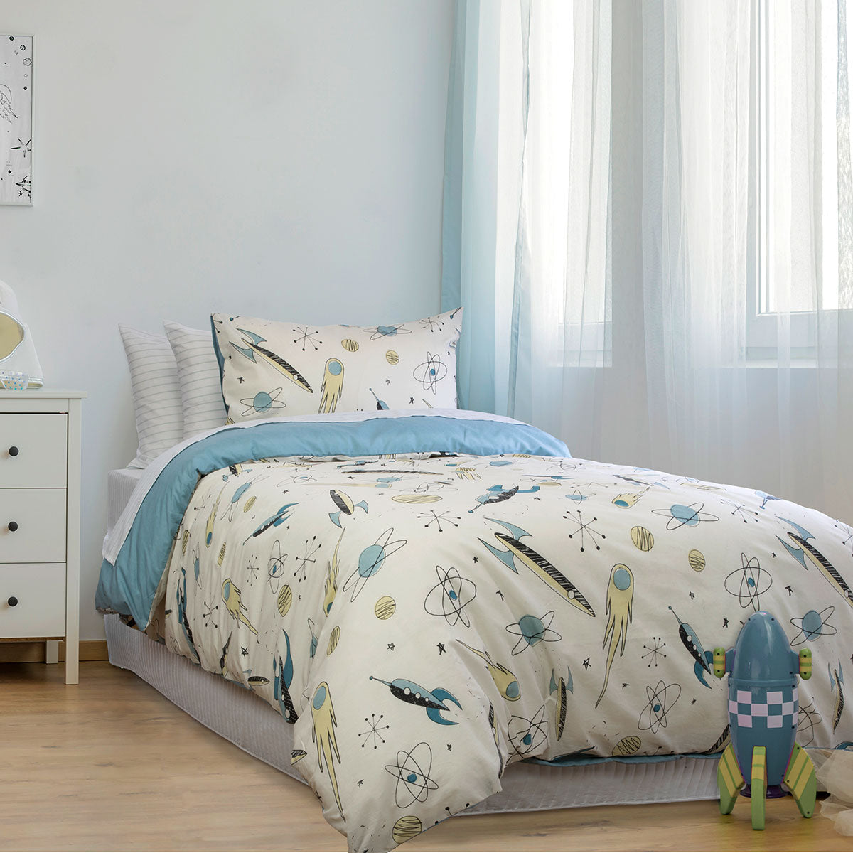 Colorful Rocket Boy Double Quilt Cover Set for kids room decor in chambray fabric.