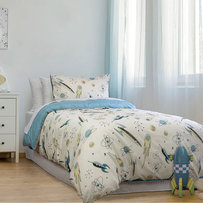 Colorful Rocket Boy Double Quilt Cover Set for kids room decor in chambray fabric.