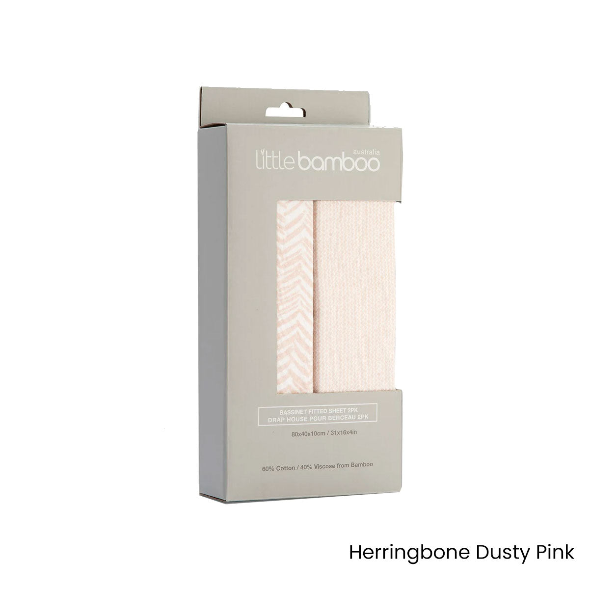 Soft pink herringbone bassinet sheets, 2-pack for nursery, made with breathable Little Bamboo fabric.