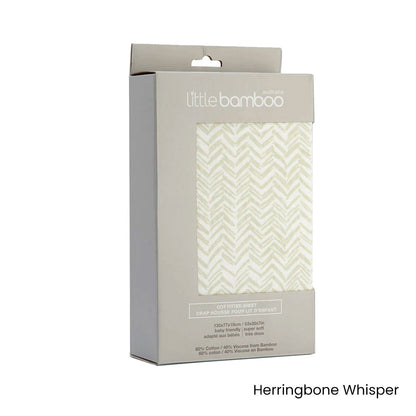 Little Bamboo Jersey Cot Sheet in Herringbone Whisper Design, soft and breathable, perfect for babys sleep.