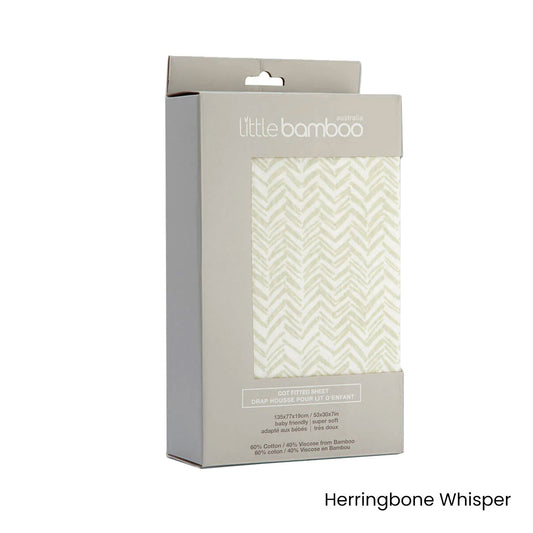 Little Bamboo Jersey Cot Sheet in Herringbone Whisper Design, soft and breathable, perfect for babys sleep.