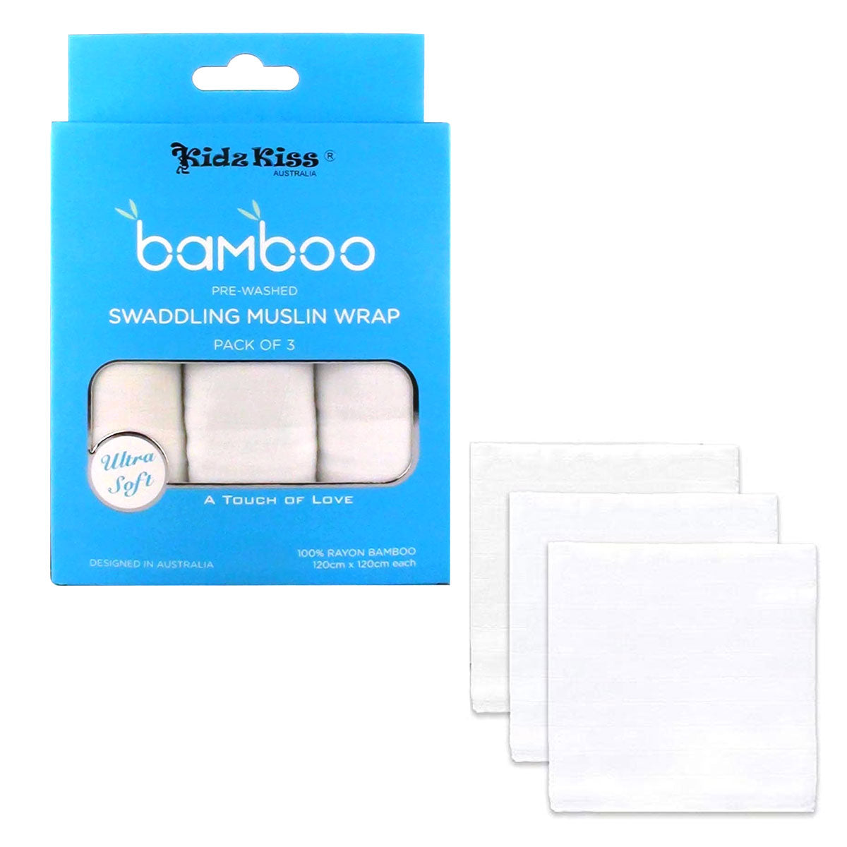 Kidz Kiss 3 Pack Bamboo Muslin Swaddle Wraps, 120x120cm - Soft, breathable essentials for babies.