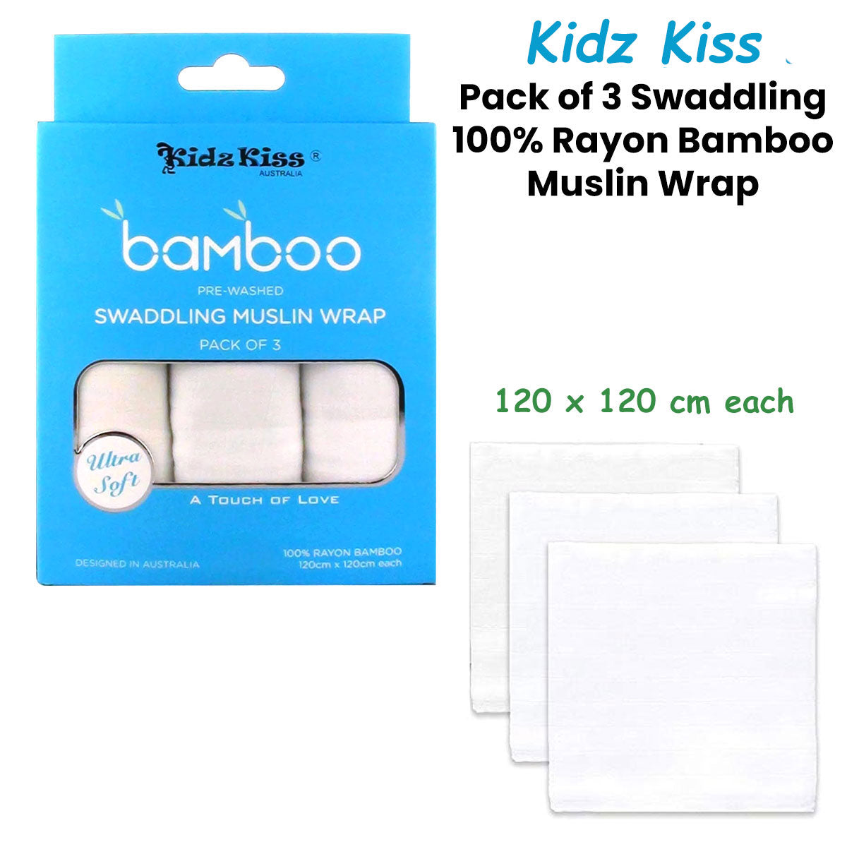 Kidz Kiss 3 pack bamboo muslin swaddle wraps, soft and gentle for babies.