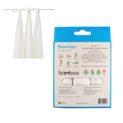 Kidz Kiss 3 Pack Bamboo Muslin Swaddle Wraps for cozy, breathable comfort in baby nursery.