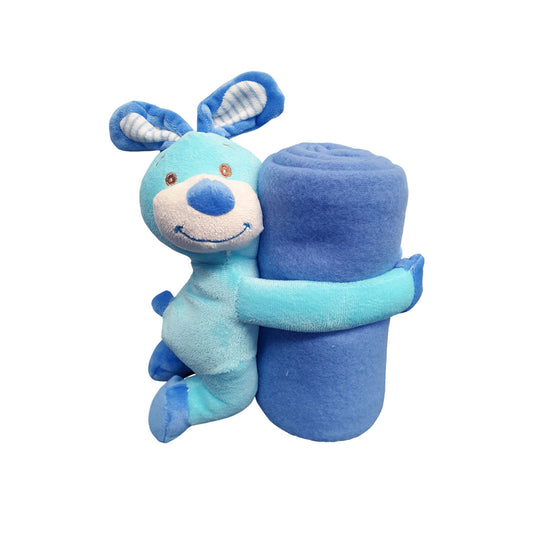 Blue baby blanket with bunny toy - soft, cozy, perfect for snuggling and comforting kids.