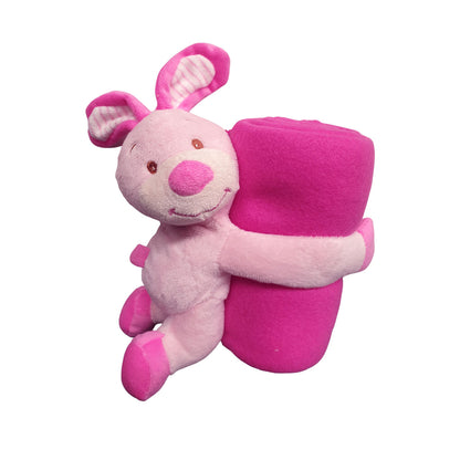 Pink baby blanket with bunny toy, ideal for warmth and comfort in nursery decor.