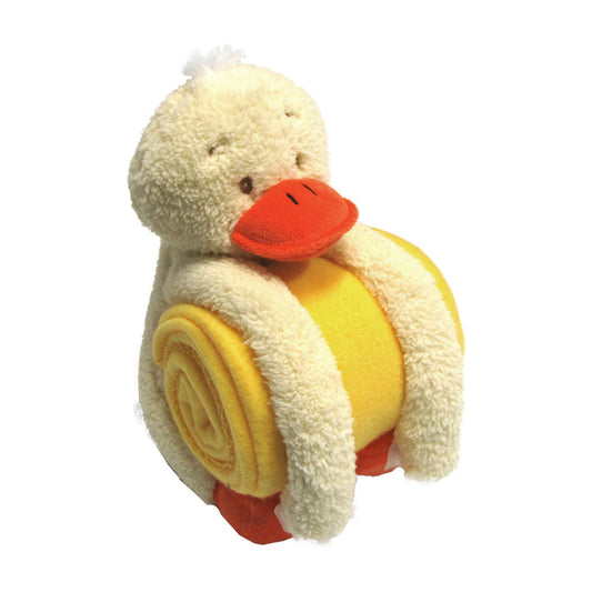 Yellow baby blanket set with plush duckling toy for cozy and playful nursery decor.