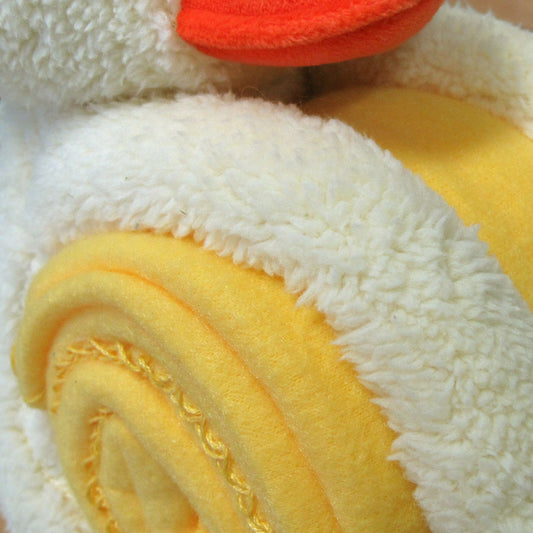 Yellow baby blanket set with cuddly duck toy, perfect for childrens comfort and playtime.