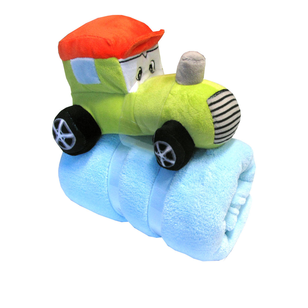 Blue Baby Blanket Set with Tractor Toy for cozy nursery comfort, perfect for children.