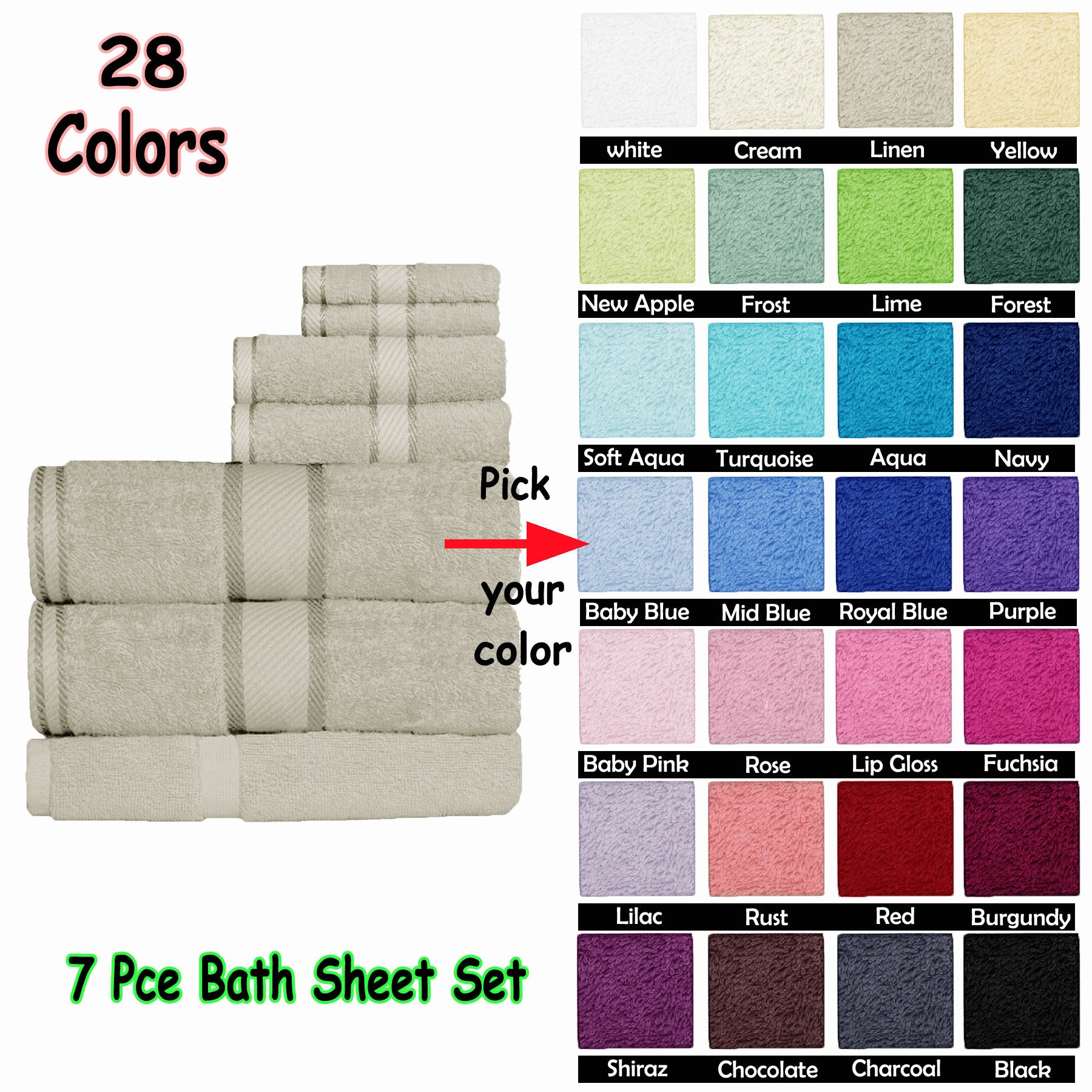 Colorful 7-piece Cotton Bath Sheet Set in Aqua for Kids Bathroom Decor, Soft and Absorbent