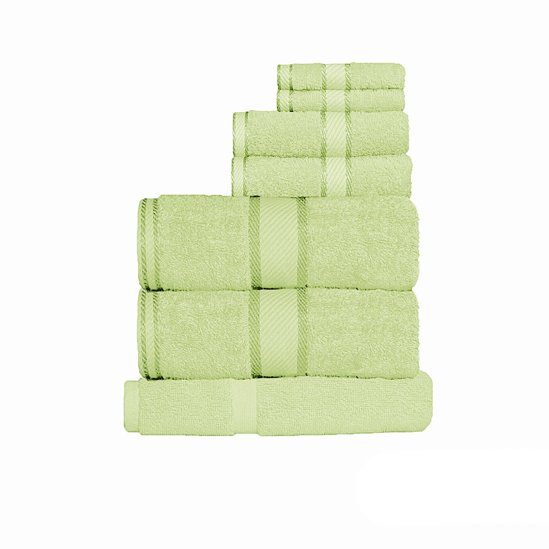 Colorful 7-piece cotton towel set in apple green, perfect for kids bathroom decor.