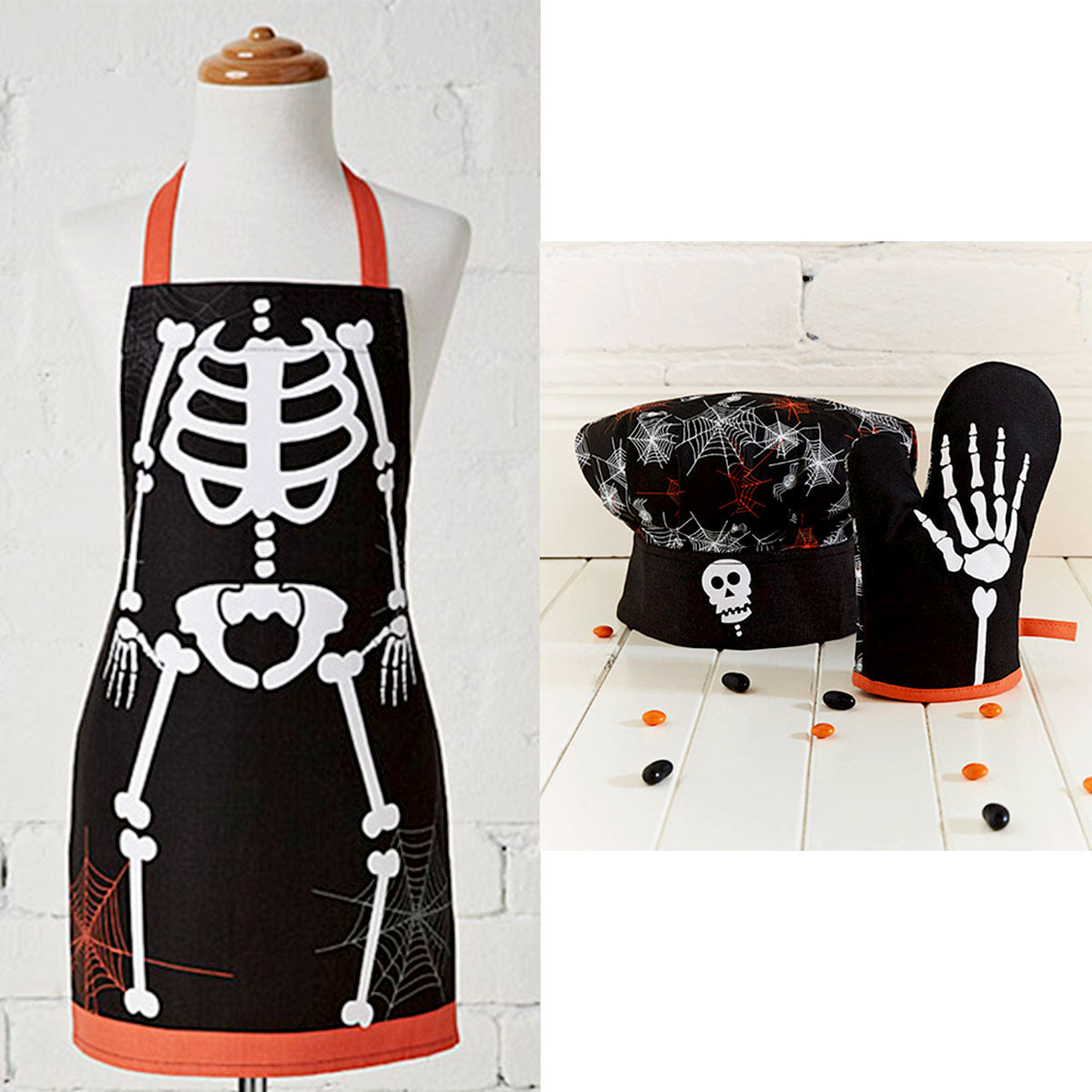 Skeleton Halloween kids chef set, includes 3 pieces, perfect for imaginative play at home.