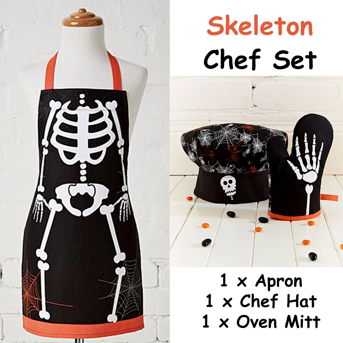 Skeleton Halloween kids chef set, perfect for imaginative play in the kitchen. 3pc set.