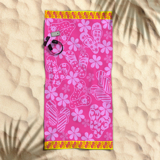 Pink thongs design cotton beach towel for kids - perfect for home and beach fun.