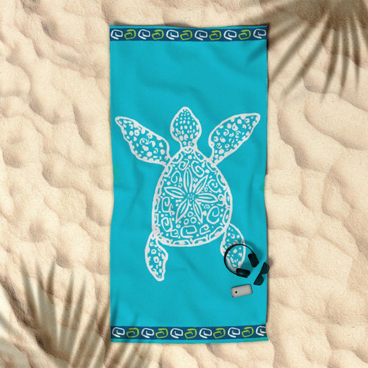 Colorful Jacquard cotton beach towel featuring adorable turtle design for kids fun at the beach.