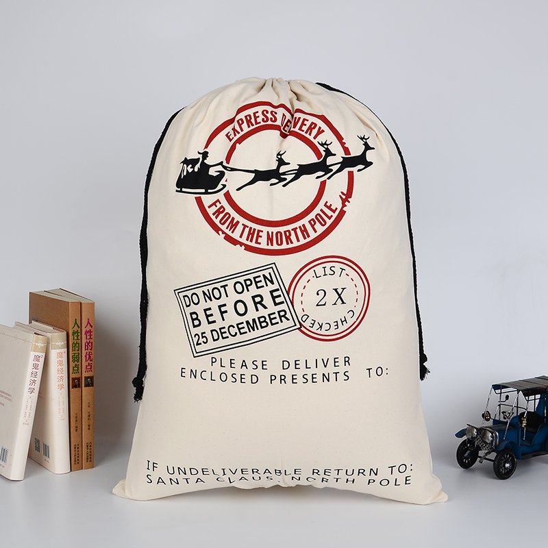 Personalized canvas Santa sack for kids, perfect for Christmas gifts, toys, and surprises.