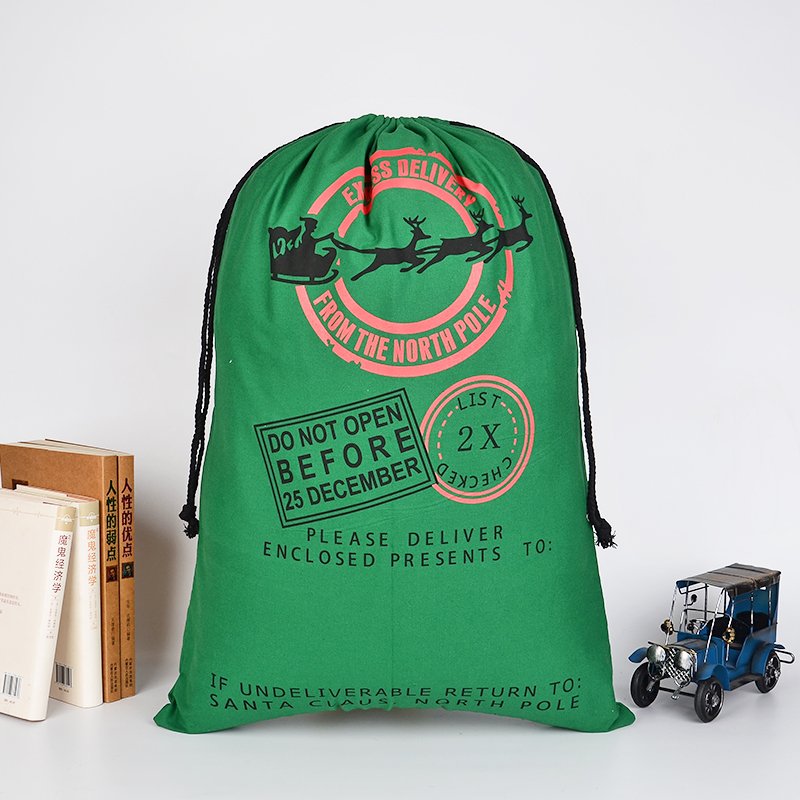 Green festive canvas Santa sack for kids Christmas gifts, ideal for home celebrations.