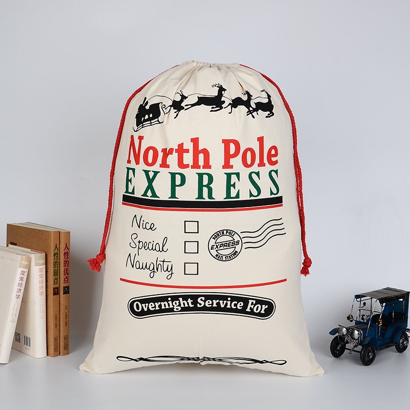 Personalized Santa sack for kids, ideal for Christmas gifts, made of durable canvas fabric.