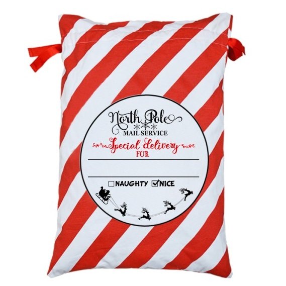 Red Santa Sack from North Pole Mail Service. Customizable canvas design for Christmas gifts.