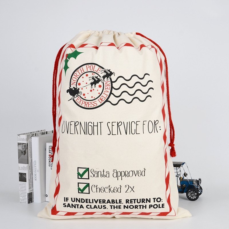 Large canvas Santa sack personalized for kids gifts, a festive Christmas tradition.