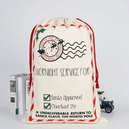 Large canvas Santa sack personalized for kids gifts, a festive Christmas tradition.