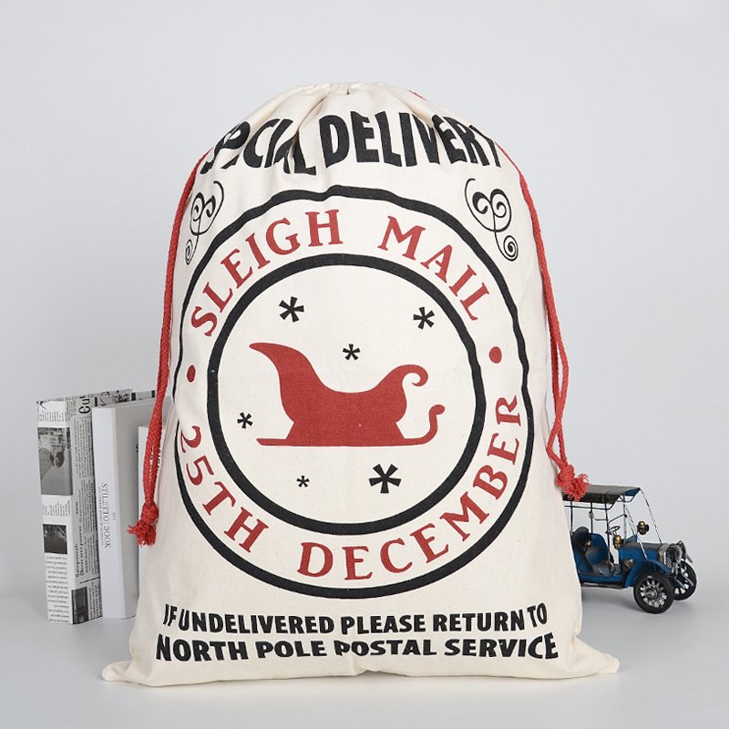Santa sack gift bag with sleigh design for kids, perfect for Christmas surprises.