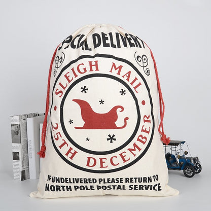 Santa sack gift bag with sleigh design for kids, perfect for Christmas surprises.