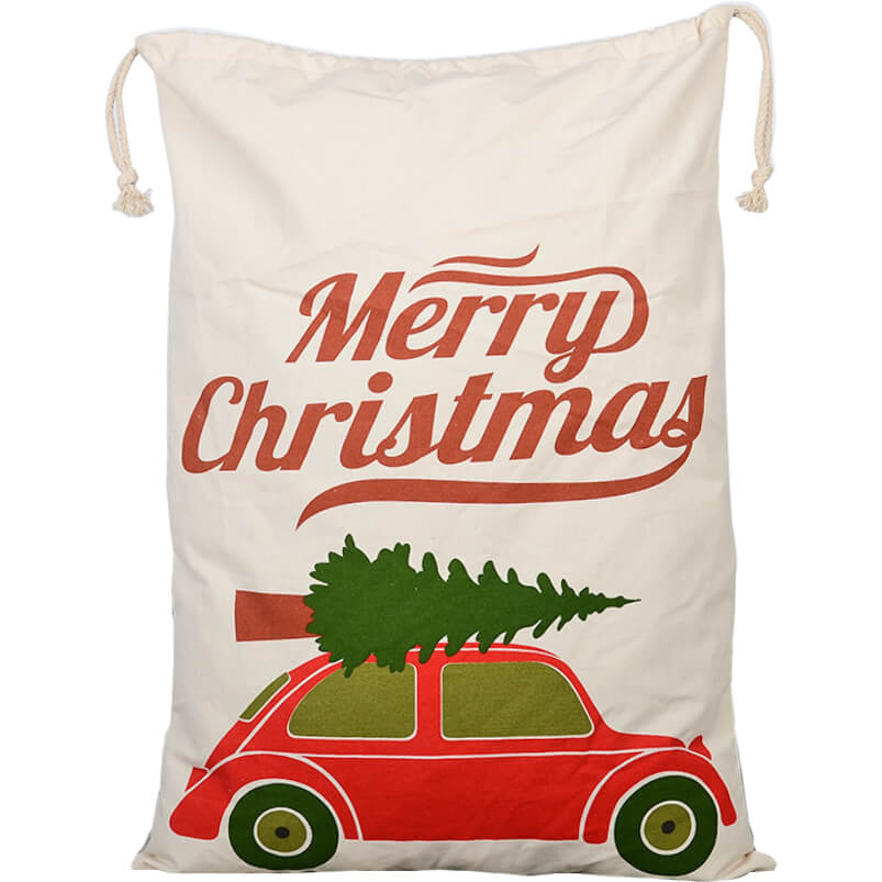 Christmas Tree Car Santa Sack | Large canvas gift bag for kids festive surprises.