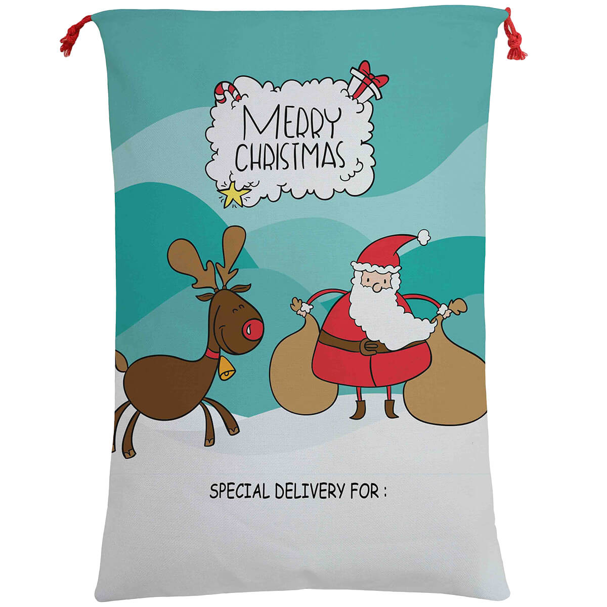 Large canvas Santa sack with reindeer design for festive gift-giving to children.