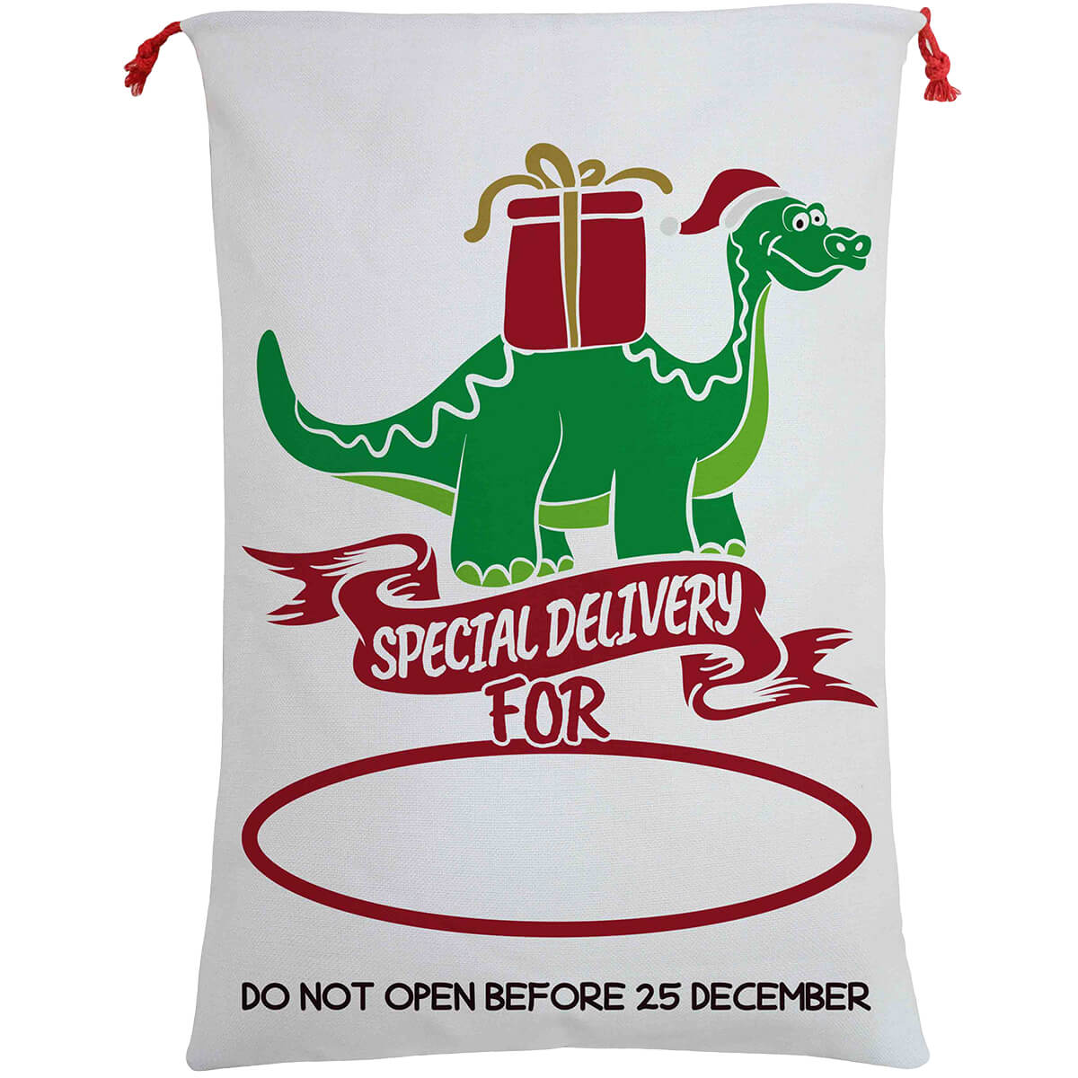 Kids Christmas Santa Sack featuring dinosaur print on 50x70cm canvas for magical gift delivery.
