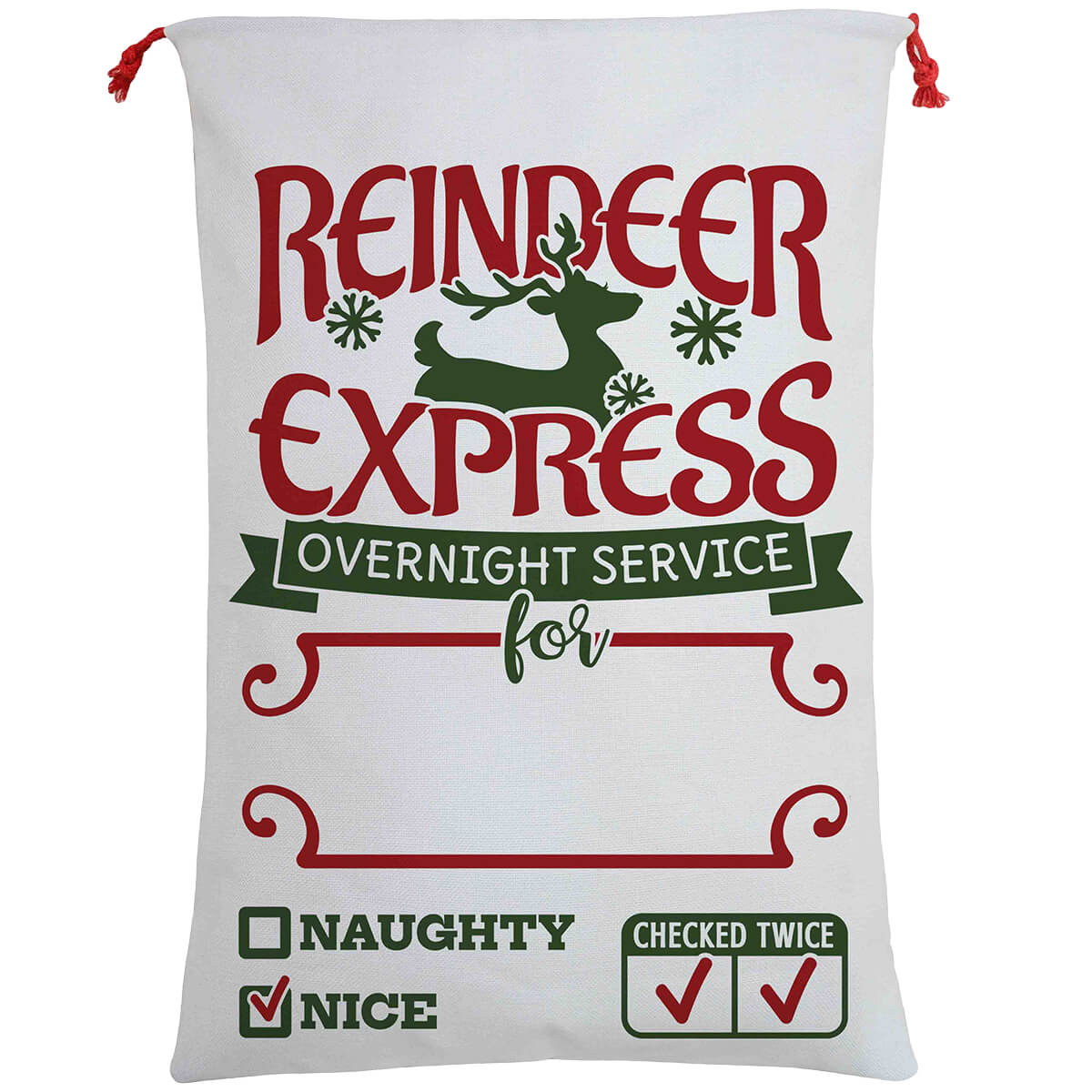 Hessian Christmas Santa Sack with Reindeer Express theme, sized 50x70cm for kids holiday joy.