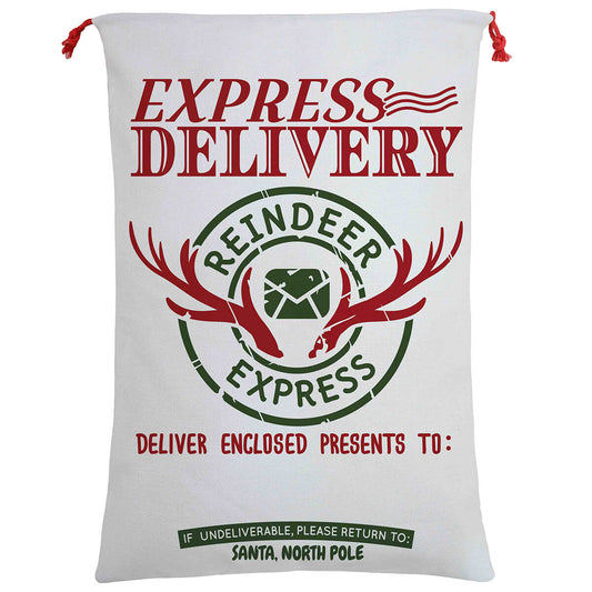 Kids Christmas Santa sack with Reindeer Express theme, 70x50cm, perfect for festive gift delivery.