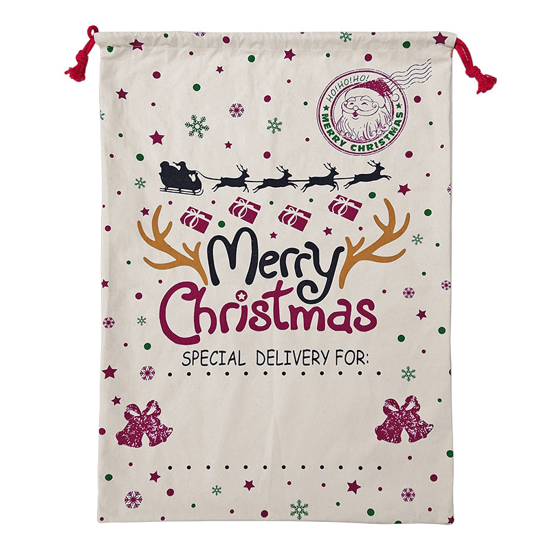 Reusable Christmas Santa Sack featuring Snowflake Reindeer Design, ideal for gifts and decorations.