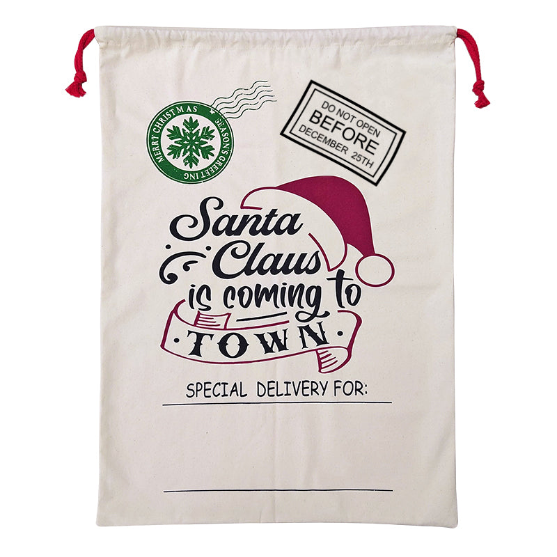 Personalized Hessian Santa Sack - Festive Christmas gift bag for kids, 50x70cm size.