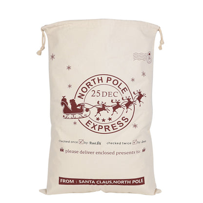 Large canvas Santa sack personalized for kids, ideal for Christmas gift-giving and festive decor.