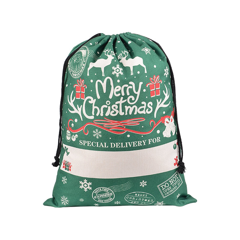 Kids festive Santa sack, 50x70cm green canvas, reusable for Christmas gifts, holiday decor.