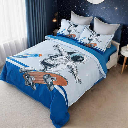 Astronaut-themed skateboard kids quilt cover set in double size for playful bedroom decor.