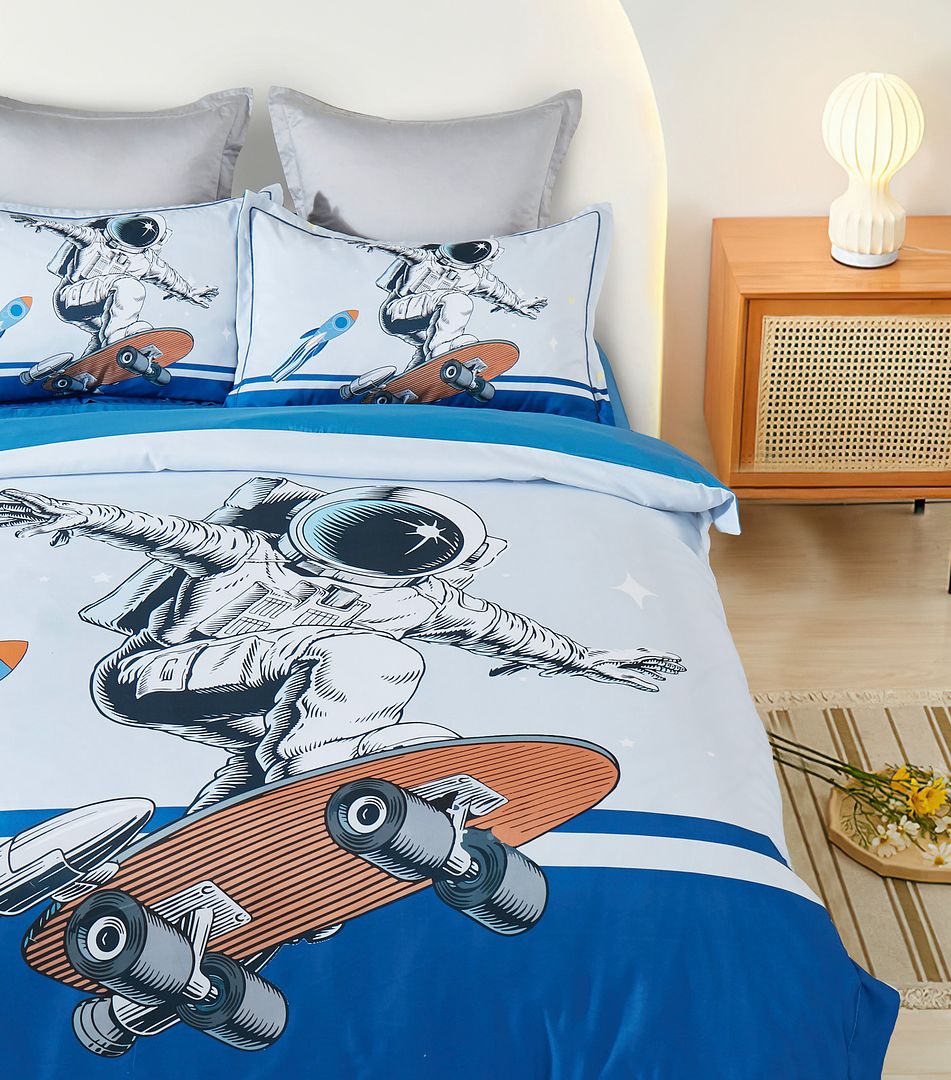 Astronaut-themed kids quilt cover set for a double bed, perfect for space-loving children.