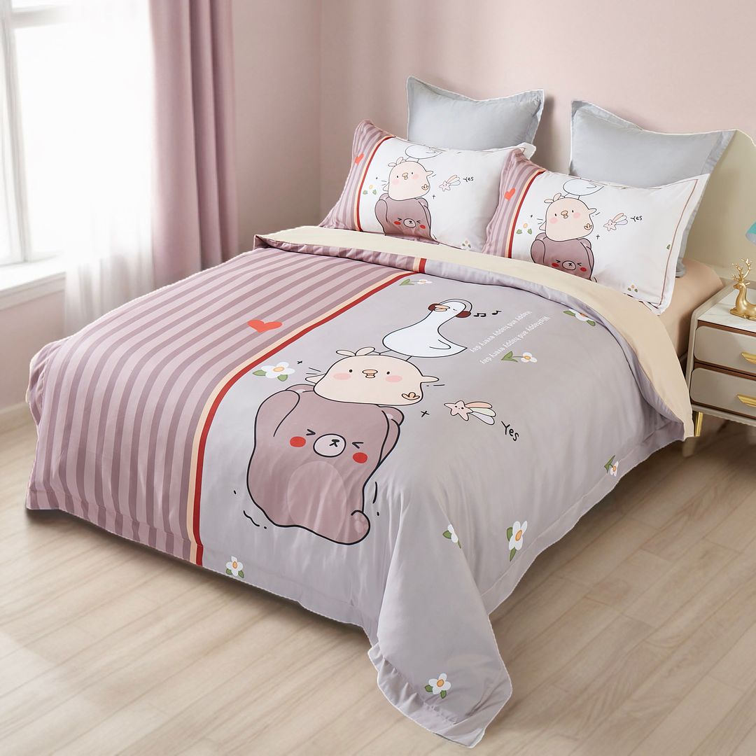 Double-size kids quilt cover set featuring playful duck design for childrens bedroom decor.