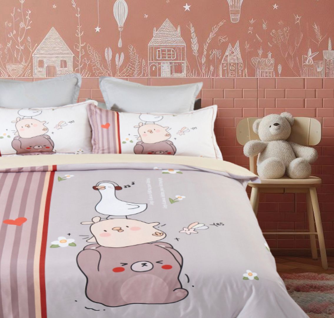 Double size quilt cover set with playful duck design for kids bedding decor.