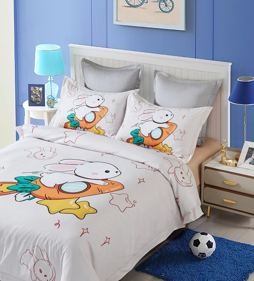 Kids Rabbit Quilt Cover Set, double size bedding for cozy childrens room decor.