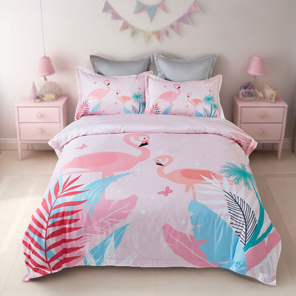 Kids double quilt cover set featuring tropical embroidered flamingos for colorful bedroom dÃ©cor.