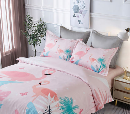 Kids quilt cover set with tropical embroidered flamingo design, vibrant and playful for bedrooms.