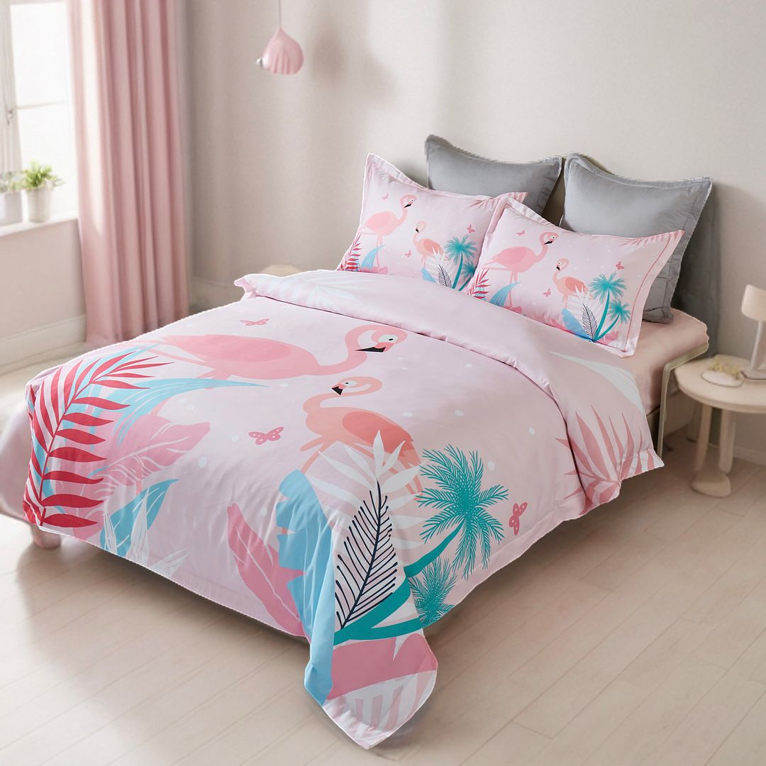 Flamingo Kids Double Quilt Cover Set with Tropical Embroidery, perfect for childrens bedrooms