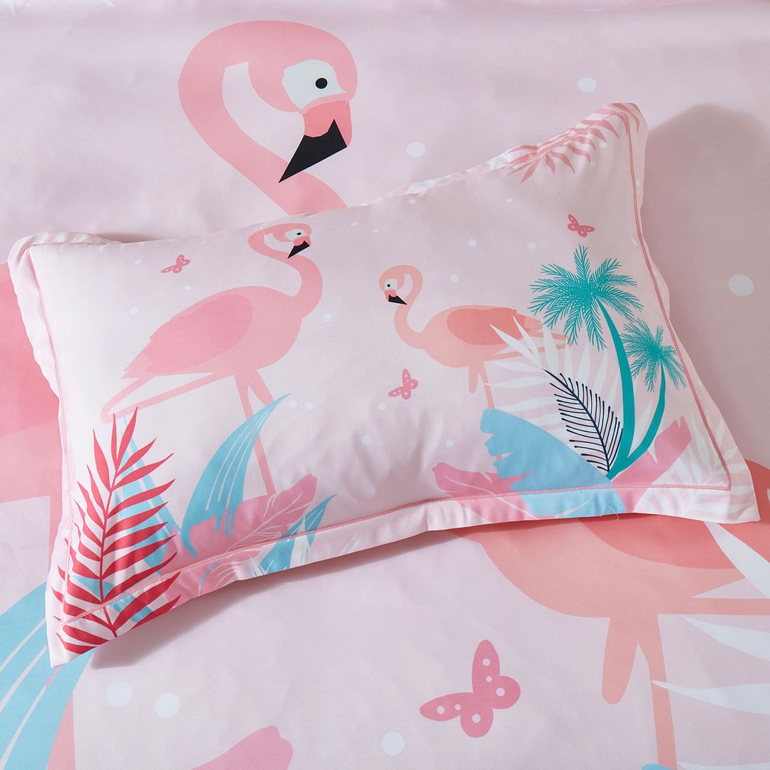 Flamingo Kids Double Quilt Cover Set featuring tropical embroidered design for vibrant childrens bedding.