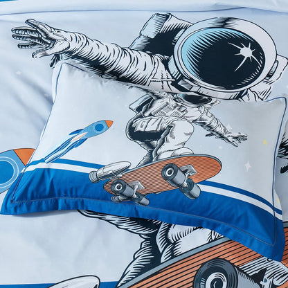 Space adventure-themed quilt cover set for kids bed in King Single size.