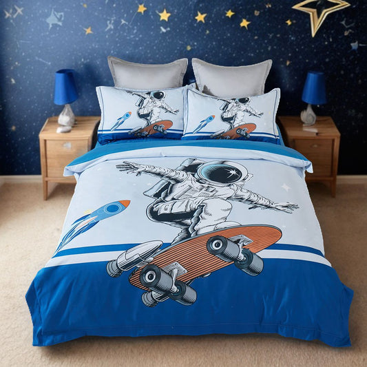 Astronaut skateboarding kids quilt cover set for single bed, perfect for space-themed bedroom.