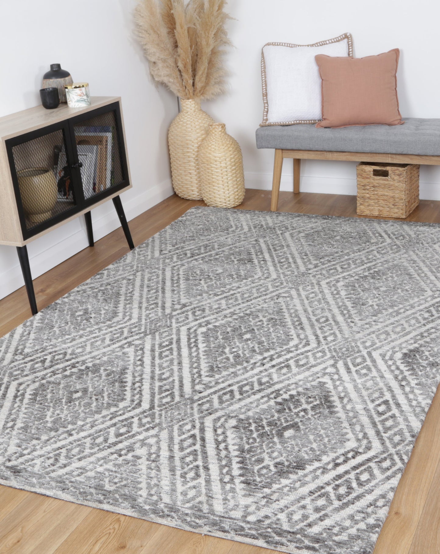 Amritsar Tribal Geometric Rug in Charcoal & Beige, 160x230cm, perfect for kids bedroom decor.