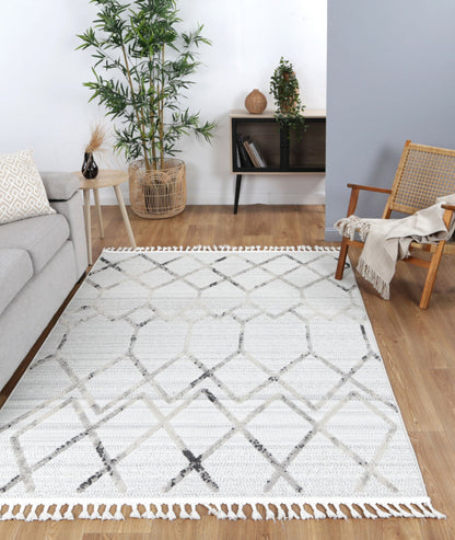 Cream & grey tribal geometric area rug, ideal for childrens play and bedroom decor.